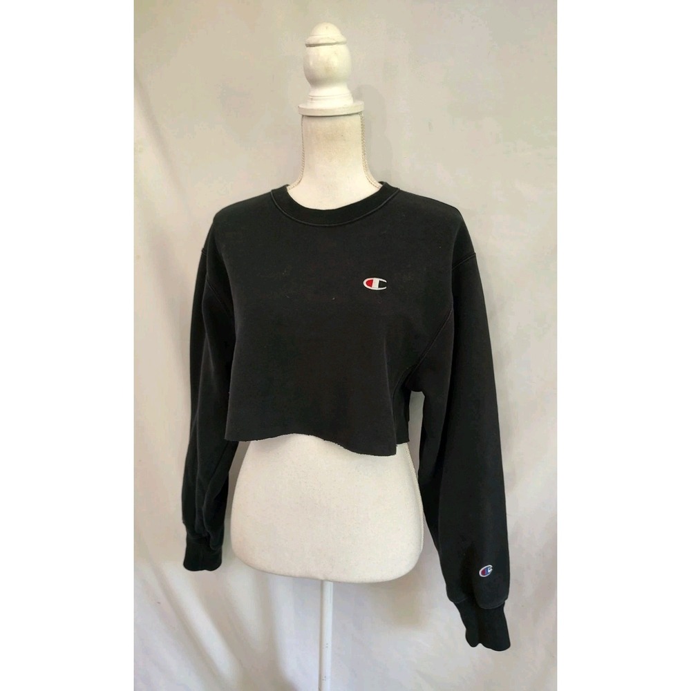 Champion Sweatshirt Reverse Weave Cropped Cut Off Black Crew Neck Women's S